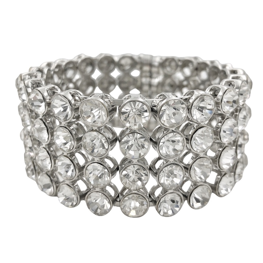 4 Row Wide Clear Rhinestone Fancy Silver Magnetic Bangle Bracelet